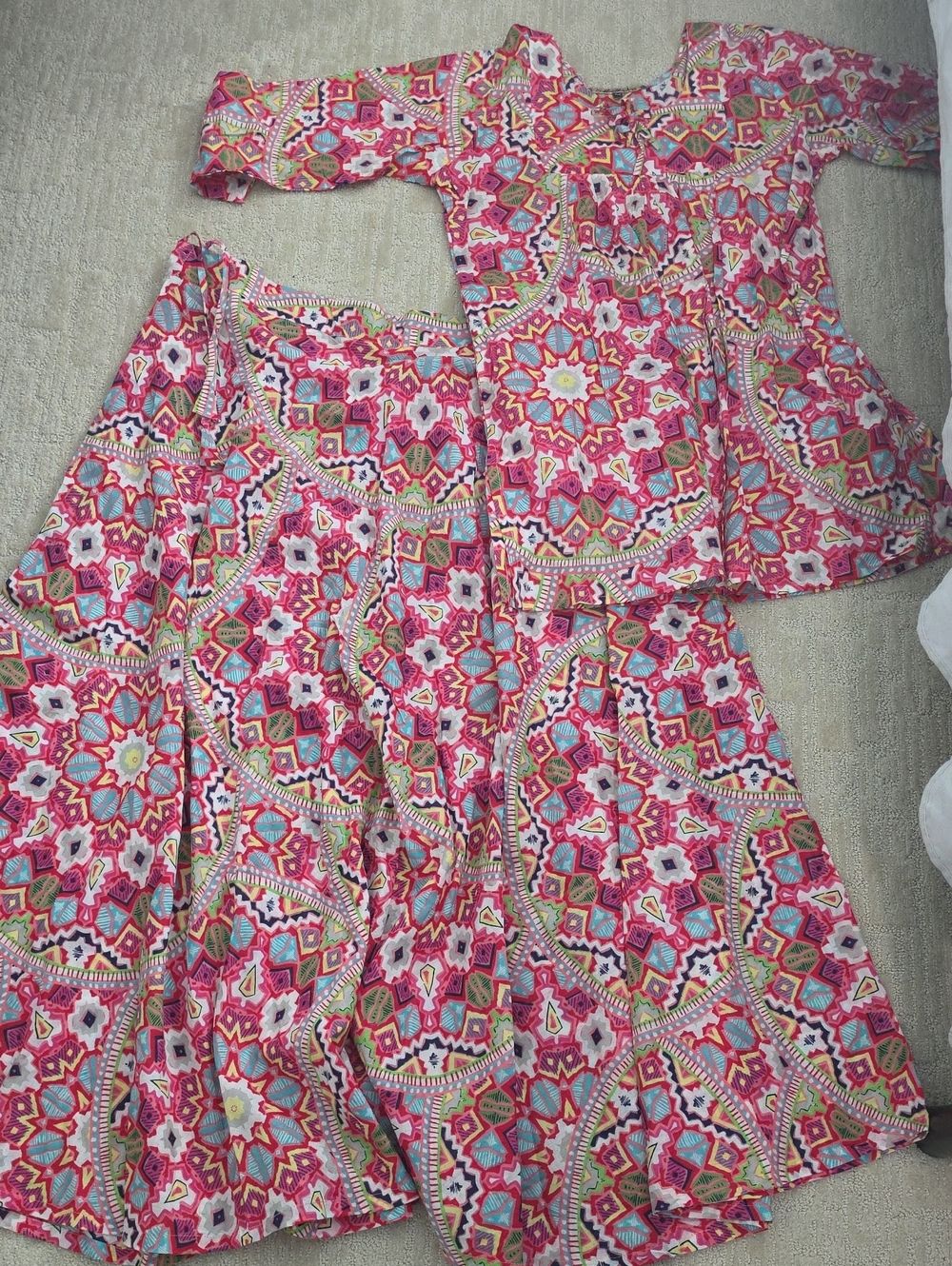 Womans Pink Multi-Pattern Two-Piece Skirt And Top Set